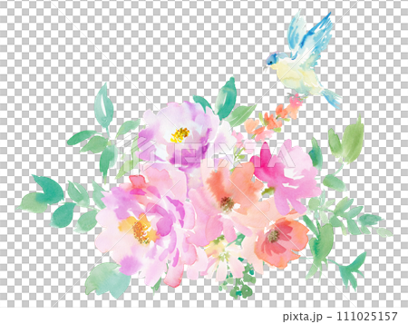 水彩で描いたピンク色の牡丹と青い鳥、草花のブーケイラスト 111025157
