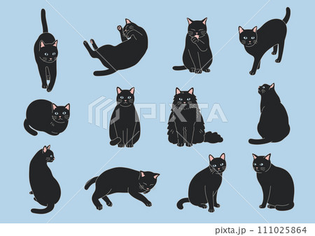 シンプルでかわいい黒猫のイラストセット シンプルでかわいい黒猫のイラストセット 111025864