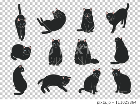 シンプルでかわいい黒猫のイラストセット シンプルでかわいい黒猫のイラストセット 111025864