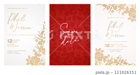 wedding invitation card with cute rose flower templates red background and gold floral design for Stationery, Layouts, collages, scene designs, event flyers, Holidays celebrations cards paper printing wedding invitation card with cute rose flower templates red background and gold floral design for Stationery, Layouts, collages, scene designs, event flyers, Holidays celebrations cards paper printing 111026351