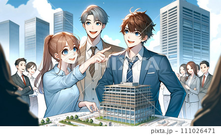 ゼネコン施工管理会社にて青空とビルを背景に働き打ち合わせなどをする施工管理技士の20代男性と女性 111026471