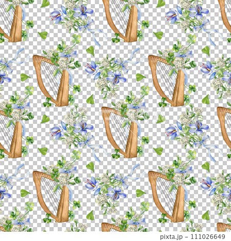 Harp and spring flowers watercolor seamless pattern isolated on white. Painted green clover, musical instrument and saffron. Irish lucky symbol hand drawn. Design for St.Patricks day, wrapping paper Harp and spring flowers watercolor seamless pattern isolated on white. Painted green clover, musical instrument and saffron. Irish lucky symbol hand drawn. Design for St.Patricks day, wrapping paper 111026649