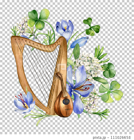 Musical instruments and spring flowers watercolor illustration isolated on white. Painted green clover with harp and mandoline. Irish symbol hand drawn. Design for St.Patricks day,Easter, springtime 111026658