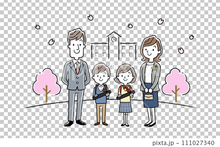 向量插畫素材：小學男孩和女孩、家長和家庭慶祝畢業典禮 111027340