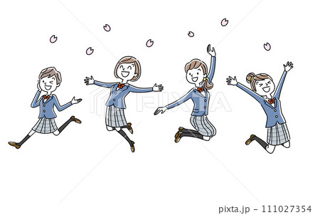 ベクターイラスト素材：卒業と入学をジャンプして喜ぶ女子生徒 111027354