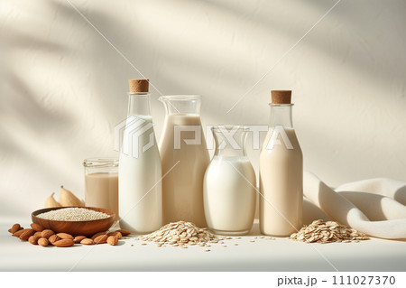 Healthy Milk Alternatives: Almond, Soy, and Oat in Elegant Glass Bottles Healthy Milk Alternatives: Almond, Soy, and Oat in Elegant Glass Bottles 111027370