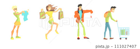 Shopping with Man and Woman Character Choose Things to Buy Vector Set Shopping with Man and Woman Character Choose Things to Buy Vector Set 111027407