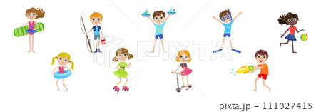 Little Girl and Boy Character Engaged in Different Summer Activity Vector Illustration Set 111027415