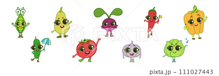 Funny Vegetable Character with Smiling Face Vector Set 111027443