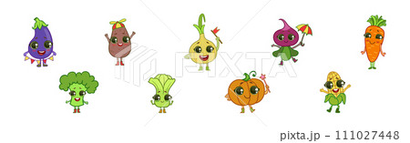 Funny Vegetable Character with Smiling Face Vector Set 111027448