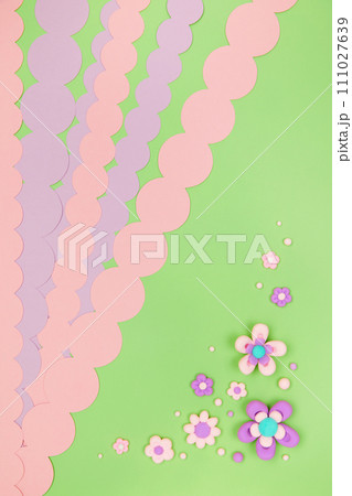 cute cartoon plasticine flowers on pastel green kawaii banner background 111027639