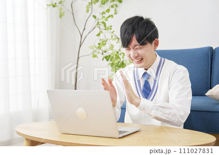 リビングでノートパソコンで動画を見る男子高校生 111027831