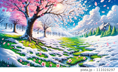 春の幻想的な雪解け 春の幻想的な雪解け 111028297