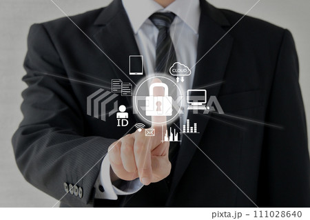 セキュリティー保護のボタンを押すビジネスマン 111028640