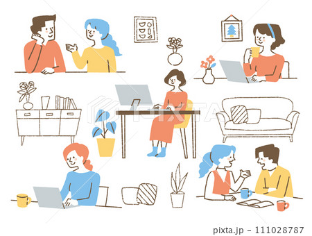 自宅で仕事をしている人たちのセット_色 自宅で仕事をしている人たちのセット_色 111028787