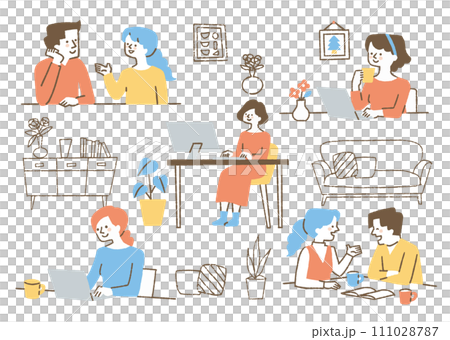 自宅で仕事をしている人たちのセット_色 自宅で仕事をしている人たちのセット_色 111028787