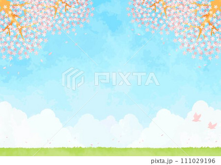 桜と青空と野原のある風景 111029196