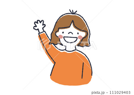 手を挙げる笑顔の女の子手書き風イラスト 手を挙げる笑顔の女の子手書き風イラスト 111029403