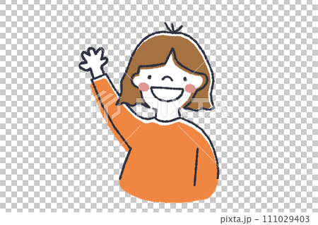 Handwritten illustration of a smiling girl raising her hand 111029403