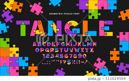 Puzzle game font, quiz type, jigsaw typeface, geometric English alphabet, resembling jigsaw pieces. Vector letters, numbers and signs connect seamlessly, creating vibrant childish cohesive typescript Puzzle game font, quiz type, jigsaw typeface, geometric English alphabet, resembling jigsaw pieces. Vector letters, numbers and signs connect seamlessly, creating vibrant childish cohesive typescript 111029504