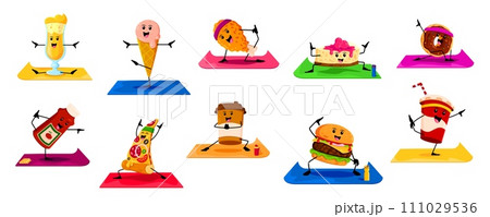 Cartoon fast food characters on yoga fitness sport. Vector ice cream, chicken drumstick, cocktail, cheesecake and donut. Ketchup bottle, pizza slice, coffee cup and burger with cola drink personages Cartoon fast food characters on yoga fitness sport. Vector ice cream, chicken drumstick, cocktail, cheesecake and donut. Ketchup bottle, pizza slice, coffee cup and burger with cola drink personages 111029536