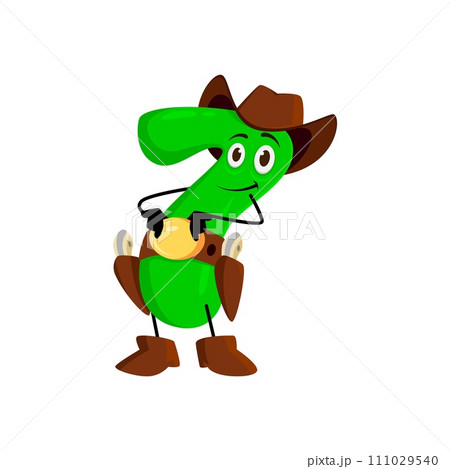 Cartoon math number seven cowboy and ranger, sheriff, robber and bandit character. Isolated vector numerical 7 personage armed with six-shooters, calculates equations and arithmetic solutions swiftly 111029540