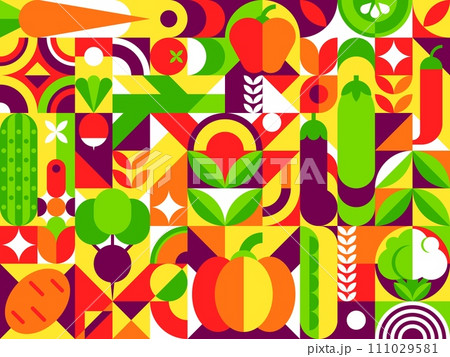 Abstract vegetable modern geometric pattern. Vector vibrant background features mosaic of fresh veggies. Bell pepper, tomato, carrot and potato. Pumpkin, cucumber, broccoli or cauliflower and radish 111029581