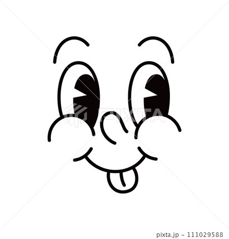 Cartoon funny comic groovy face emotion and retro cute emoji character with sticking tongue. Vector teasing smile emoticon, playful facial expression with goggle eyes express glad positive feelings Cartoon funny comic groovy face emotion and retro cute emoji character with sticking tongue. Vector teasing smile emoticon, playful facial expression with goggle eyes express glad positive feelings 111029588