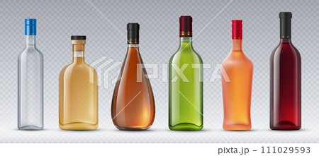 Realistic alcohol glass bottles. Vodka and tequila, cognac and whiskey, red and white wine. Isolated vector containers filled with liquid alcoholic beverages, visually appealing packaging solution Realistic alcohol glass bottles. Vodka and tequila, cognac and whiskey, red and white wine. Isolated vector containers filled with liquid alcoholic beverages, visually appealing packaging solution 111029593