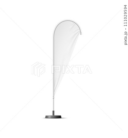 Realistic banner stand, beach flag blank mockup, for promoting events or businesses with blank and customizable display. Isolated 3d vector wind billboard in shape of bow or teardrop on steel pole 111029594