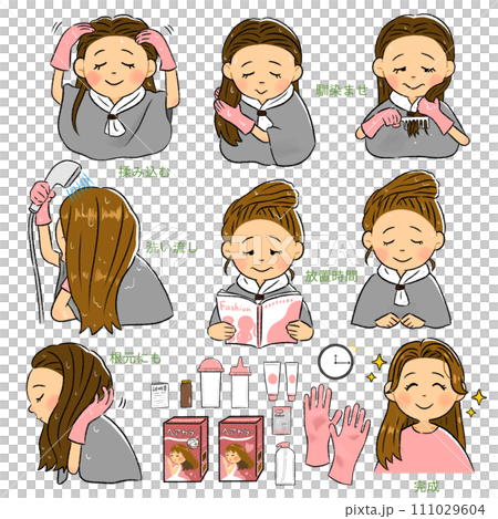 セルフカラーをする女性_かわいいシンプル_手描きイラストセット 111029604