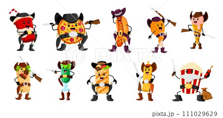 Cartoon fast food cowboy and ranger, bandit and sheriff characters. Vector soda drink, pizza, hot dog and chicken drumstick. Ice cream, burrito or shawarma, cocktail and mustard bottle with pop corn 111029629