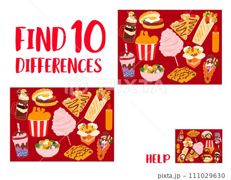 Find ten differences of fast food, desserts and drinks vector game puzzle quiz. Junk meal worksheet of matching cartoon corn dog, chicken legs, wok noodles and egg burger, shawarma, salad and cocktail 111029630