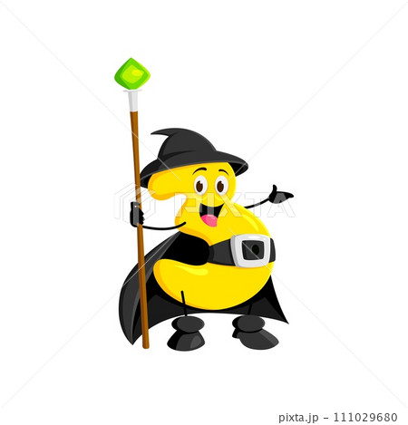 Cartoon math number three Halloween wizard, witch and mage character. Isolated vector numeric 3 personage wields a mystical staff, adorned with hat and cloak, solving equations with wise expression 111029680
