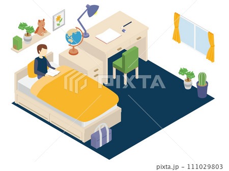 アイソメトリックな子ども部屋で読書する男の子 アイソメトリックな子ども部屋で読書する男の子 111029803