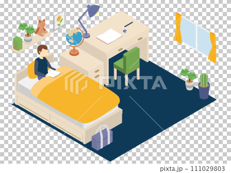 Boy reading in isometric children's room Boy reading in isometric children's room 111029803