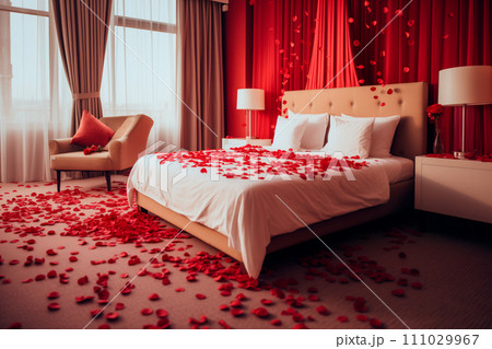 Red rose petals on bed in hotel bedroom, Valentine's day concept 111029967