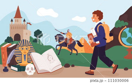 History lesson. Young student on knowledge path. Ancient civilizations elements. Pupil learning past centuries. Knight castle. Historical education. Egypt pyramid. Garish vector concept History lesson. Young student on knowledge path. Ancient civilizations elements. Pupil learning past centuries. Knight castle. Historical education. Egypt pyramid. Garish vector concept 111030006