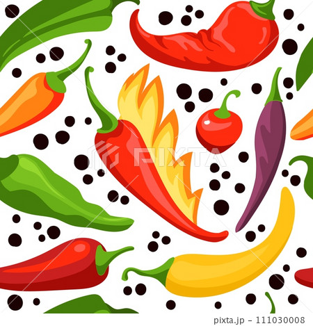 Hot pepper seamless pattern. Spicy and sweet paprika varieties. Chilli in fire. Cherry and jalapeno bell. Repeated vegetables print. Kitchen vegan products. Splendid vector background 111030008