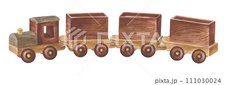 Toy Train Watercolor illustration. Painting of Baby steam Locomotive. Hand drawn clip art on white isolated background. Drawing of retro kid things. Sketch of a Wooden eco car with empty carriages Toy Train Watercolor illustration. Painting of Baby steam Locomotive. Hand drawn clip art on white isolated background. Drawing of retro kid things. Sketch of a Wooden eco car with empty carriages 111030024