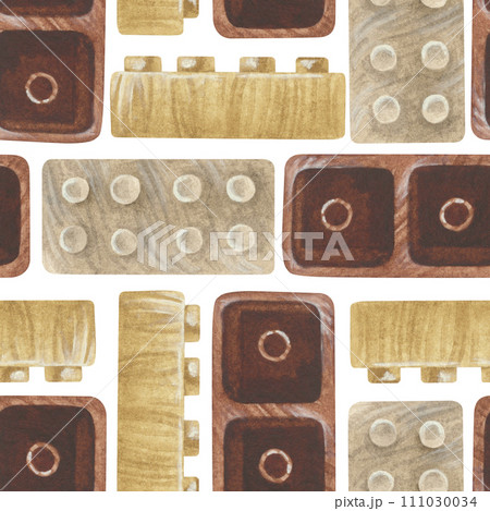Constructor seamless Pattern. Watercolor illustration of Wooden Toys. Hand drawn on white isolated Background. Drawing of designer for children. Painting of building blocks. Ornament for baby prints 111030034