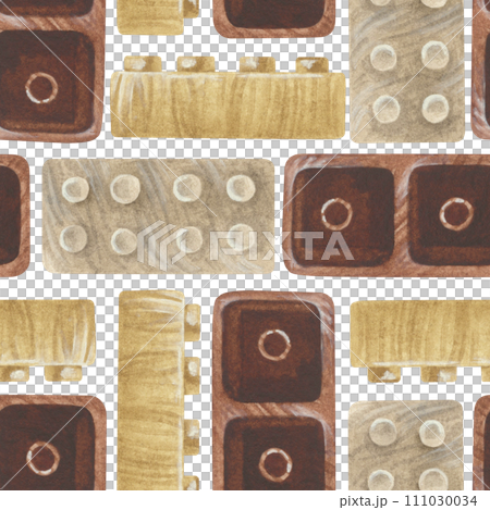Constructor seamless Pattern. Watercolor illustration of Wooden Toys. Hand drawn on white isolated Background. Drawing of designer for children. Painting of building blocks. Ornament for baby prints 111030034
