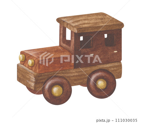 Wooden Car Watercolor illustration. Hand drawn clip art on white isolated background. Drawing of kids Toy machine. Painting of suv auto for childrens prints and stickers 111030035