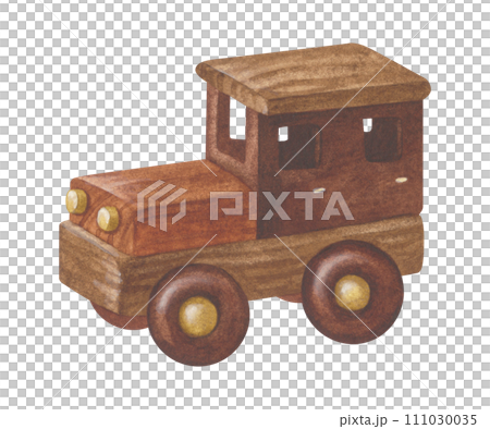Wooden Car Watercolor illustration. Hand drawn clip art on white isolated background. Drawing of kids Toy machine. Painting of suv auto for childrens prints and stickers 111030035