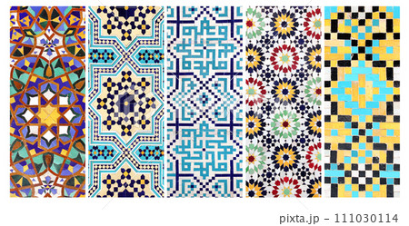 Set of vertical or horizontal banners with detail of ancient mosaic walls with floral and geometric ornaments. Collection of backgrounds with traditional iranian tile decorations Set of vertical or horizontal banners with detail of ancient mosaic walls with floral and geometric ornaments. Collection of backgrounds with traditional iranian tile decorations 111030114