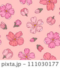 Cherry sakura blossom seamless pattern pink outline flat. Spring bud japanese chinese wrap paper texture print fabric design tableware furniture wallpaper backdrop gift print sticker garden romantic 111030177