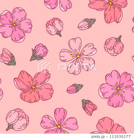 Cherry sakura blossom seamless pattern pink outline flat. Spring bud japanese chinese wrap paper texture print fabric design tableware furniture wallpaper backdrop gift print sticker garden romantic 111030177