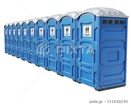 Row of mobile portable blue plastic toilets, isolated on white background - 3D illustration 111030230