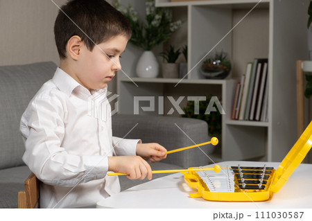 Little Six Year Old Boy Playing Metallophone Metal Xylophone Percussion Musical Instrument. 111030587