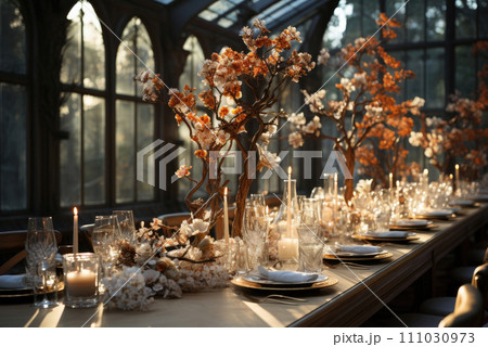 Banquet table for guests, decorated and served for the wedding 111030973